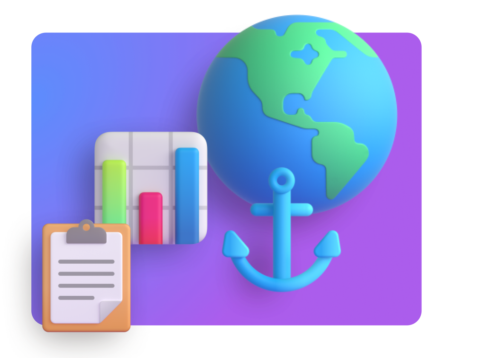 3D graphic of data analytics, a globe, and marine icon