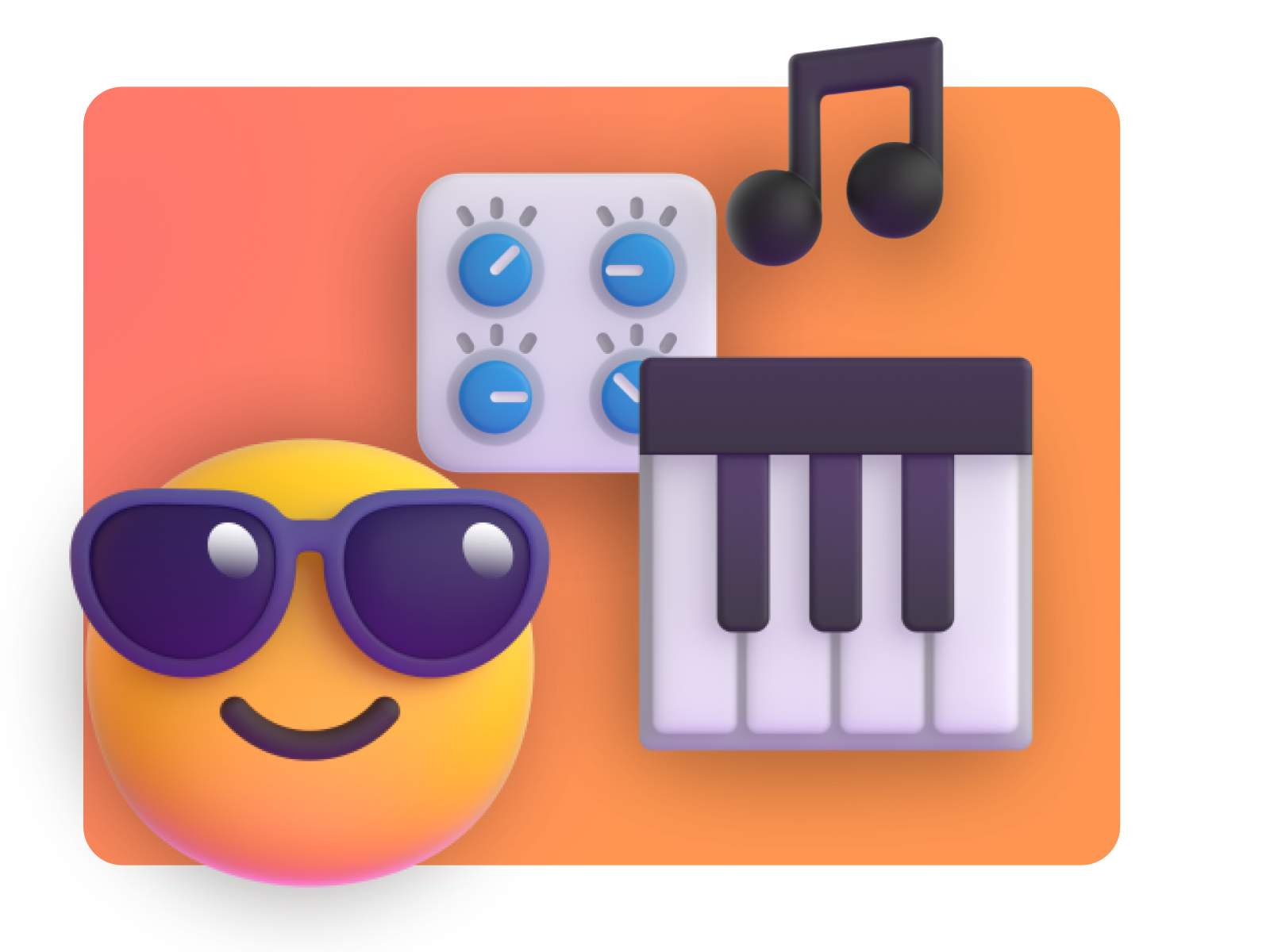 3D graphic of musical notes, production, and a smiling emoji