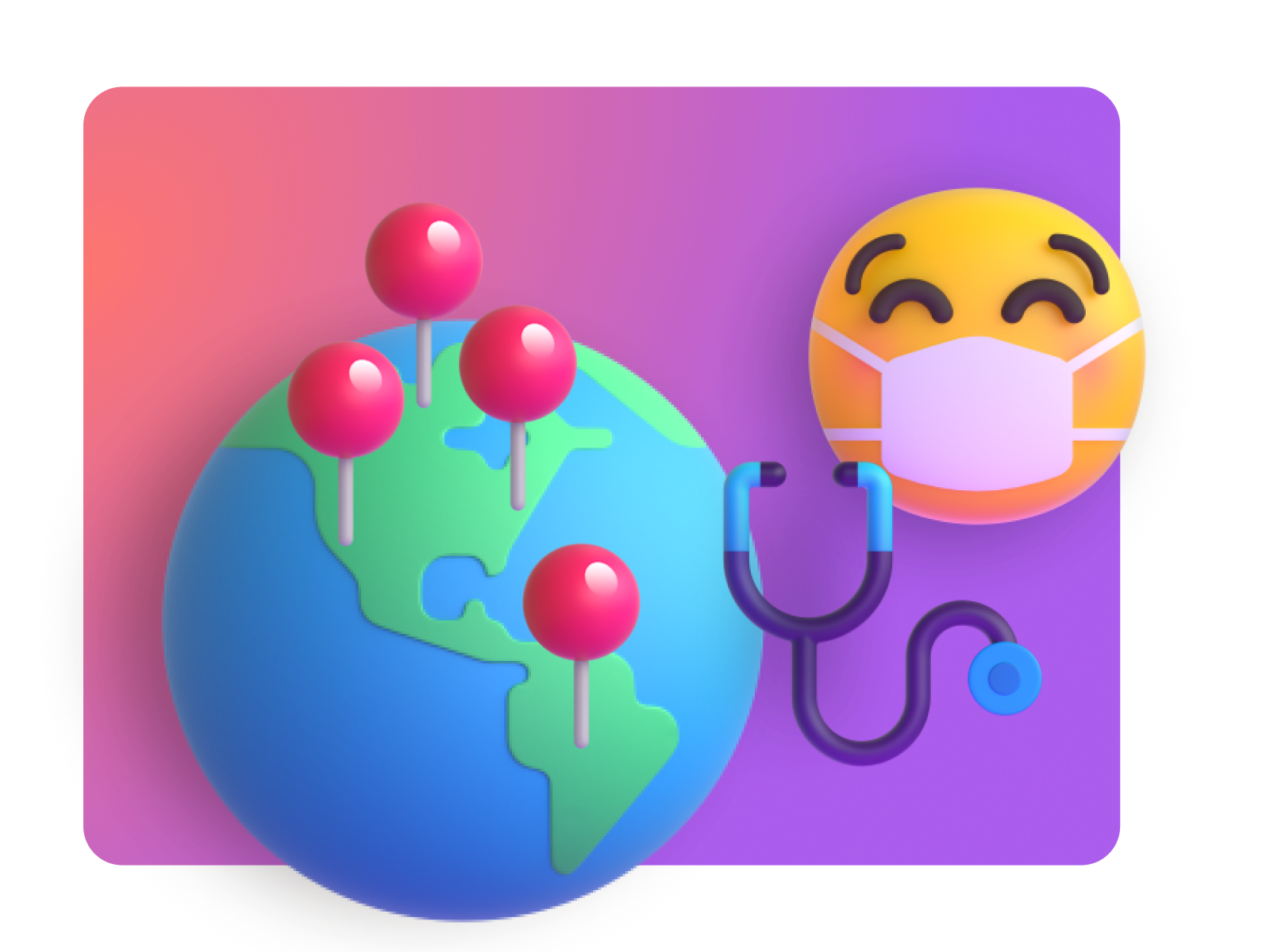 #D graphic of a globe with map pins in it and a masked emoji