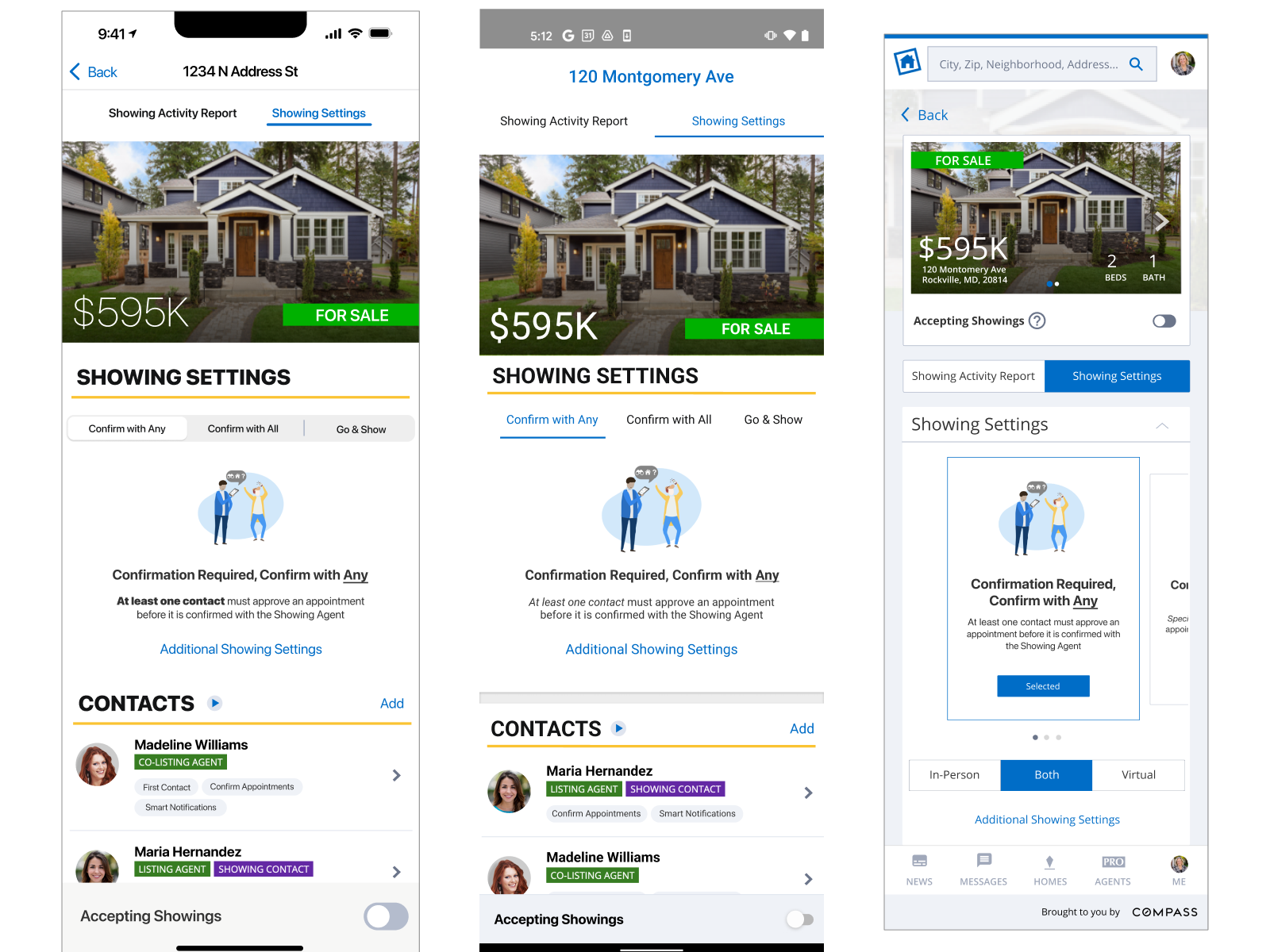 Three wireframes of the same real estate app in iOS, Android, and mobile web