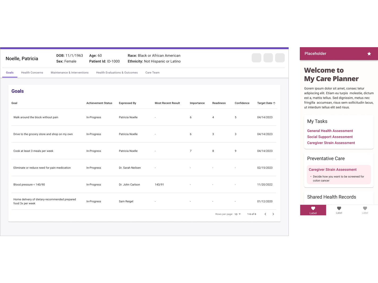 Two wireframes of electronic health data applications, one desktop size, the other mobile size.