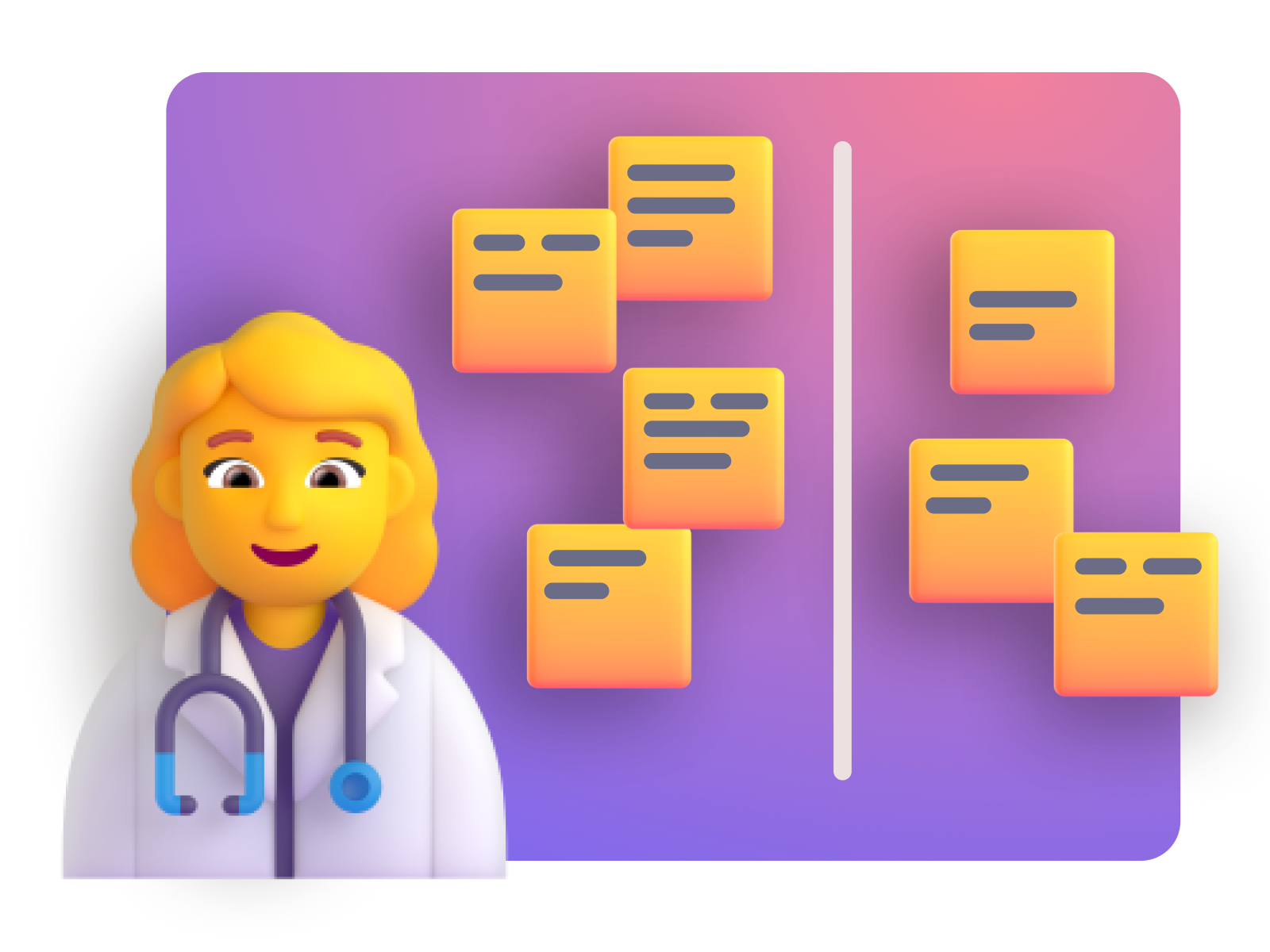3D graphic of a doctor and series of post-it notes representing brainstorm