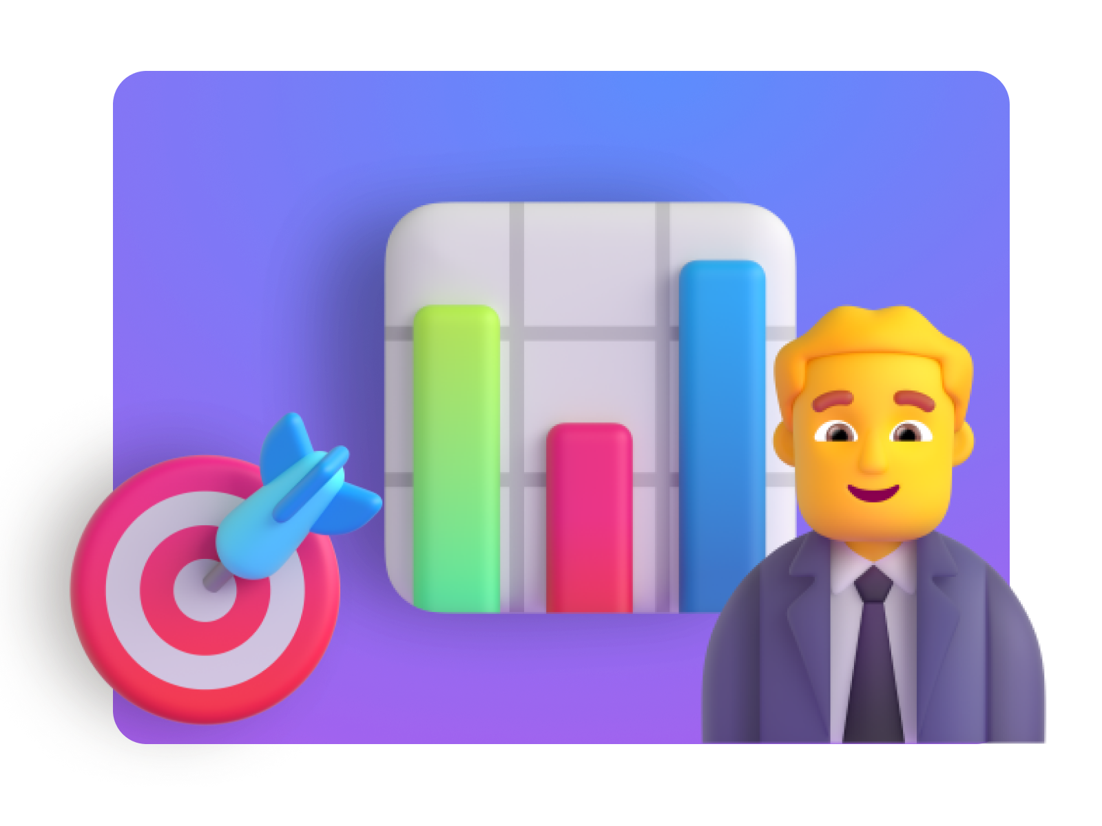 3D graphic of graphs and a professional representing data analytics