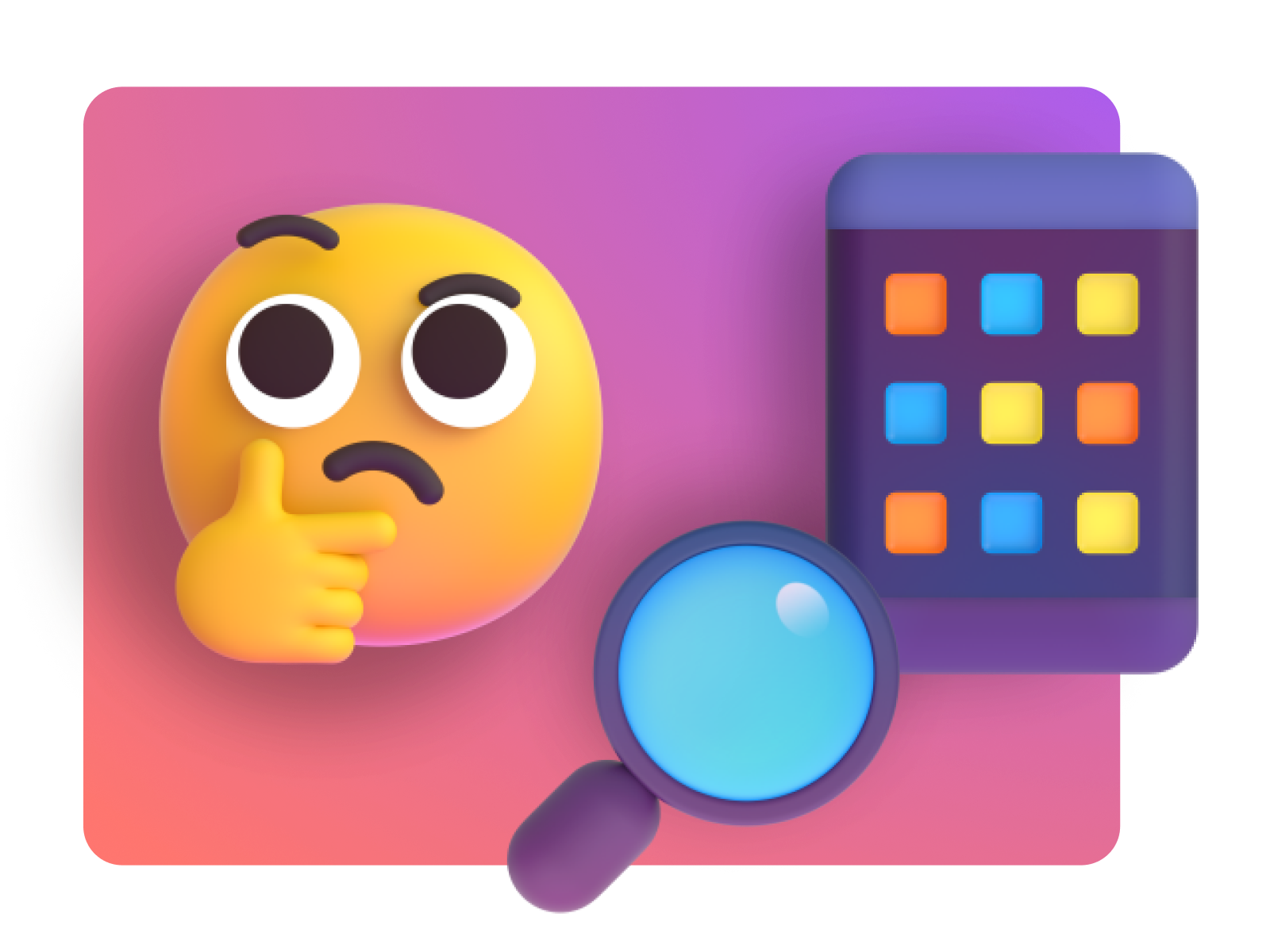 3D graphic of a curious emoji, magnifying glass, and mobile phone representing usability research