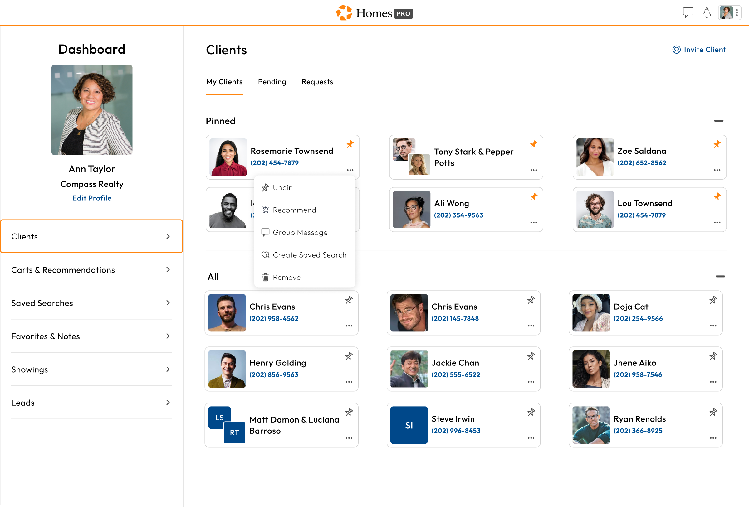UI prototype of a real estate agent's client managment page